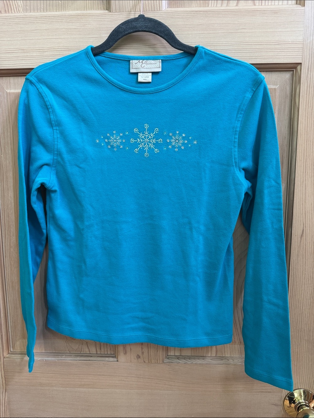 M & C Sportswear Teal Long Sleeve Top with Embroidered and Rhinestone Snowflakes